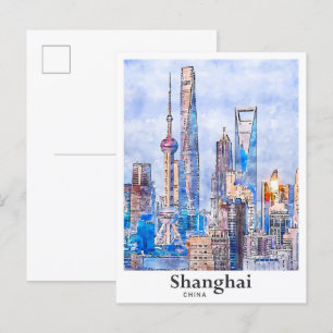 Shanghai China Reise Wasserfarben Skizze Handgezei Postkarte