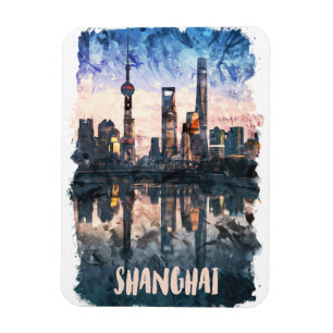 Shanghai China Skyline Wasserfarben Kunst Druck Magnet