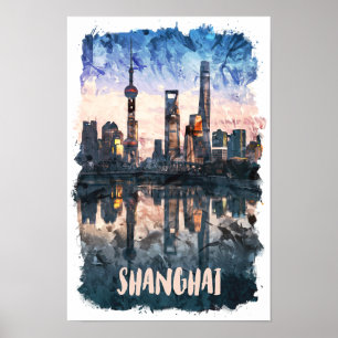 Shanghai China Skyline Wasserfarben Kunst Druck Poster