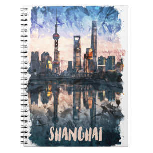 Shanghai China Skyline Wasserfarben-Kunstprint Notizblock