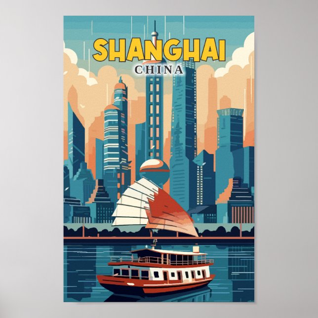 Shanghai China Travel Art Vintag Illustration Poster (Vorne)
