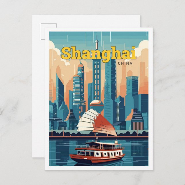 Shanghai China Travel Art Vintag Illustration Postkarte (Vorne/Hinten)