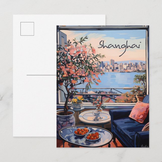 Shanghai China Travel City Art Painting Aesthetic Postkarte (Vorne/Hinten)