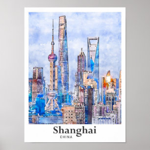 Shanghai China Travel Watercolor Sketch Handgezeic Poster
