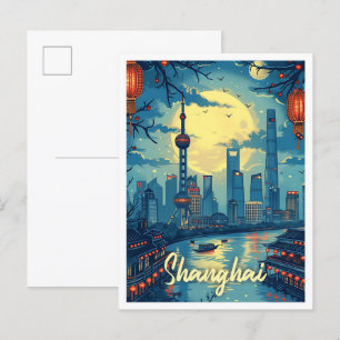 Shanghai China Vintag Art Travel Illustration Postkarte