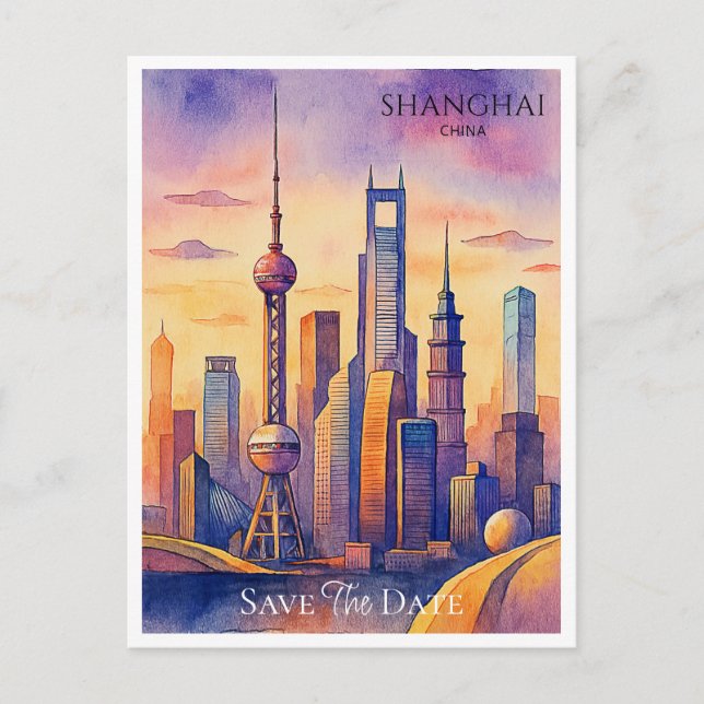 Shanghai China Watercolor Save the Date Postcard Postkarte (Vorderseite)