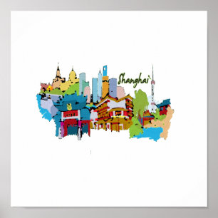 shanghai city watercolored muted colors design.png poster