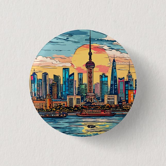 Shanghai City Waterfront Skyline bei Sunset Button (Vorderseite)