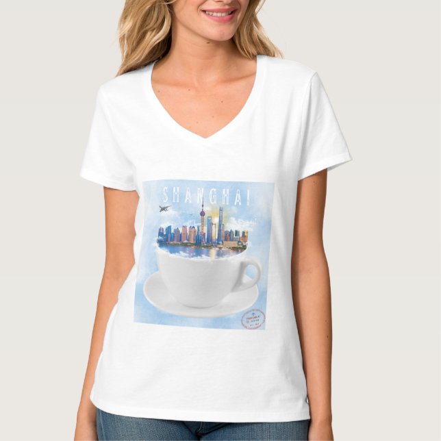 Shanghai in a Teacup - Futuristische Skyline Art T-Shirt (Vorderseite)