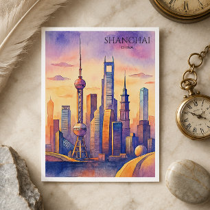 Shanghai Skyline China Reise Aquarell  Feiertagspostkarte