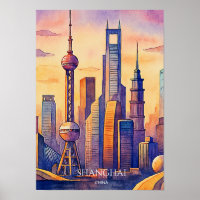 Shanghai Skyline China Reise Aquarell 