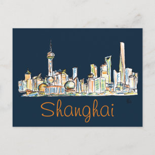 Shanghai Skyline Drawing Postkarte