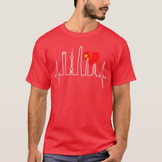 Shanghai Skyline Heartbeat Heart China I Love Asia T-Shirt (Vorderseite)