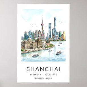 Shanghai-Skyline-Wandkunst, Aquarell-Stadtlandscha Poster