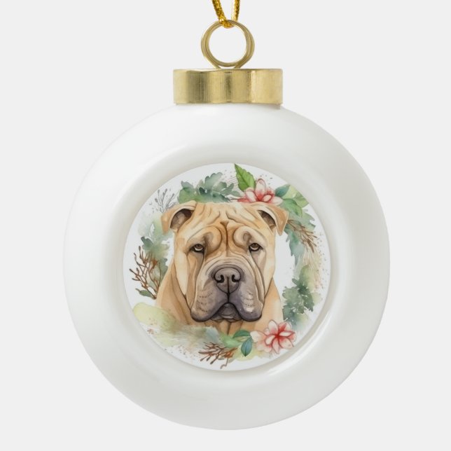 Shar Pei Christmas Wreath Festivals Keramik Kugel-Ornament (Vorderseite)