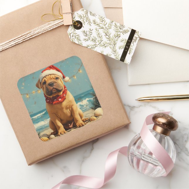 Shar Pei Dog Christmas Vintag Beach Quadratischer Aufkleber (Schenken)