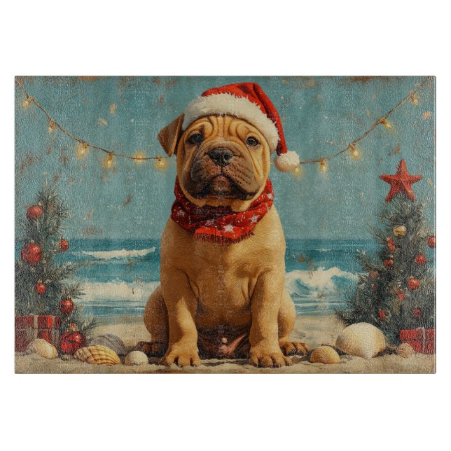 Shar Pei Dog Christmas Vintag Beach Schneidebrett (Vorderseite)