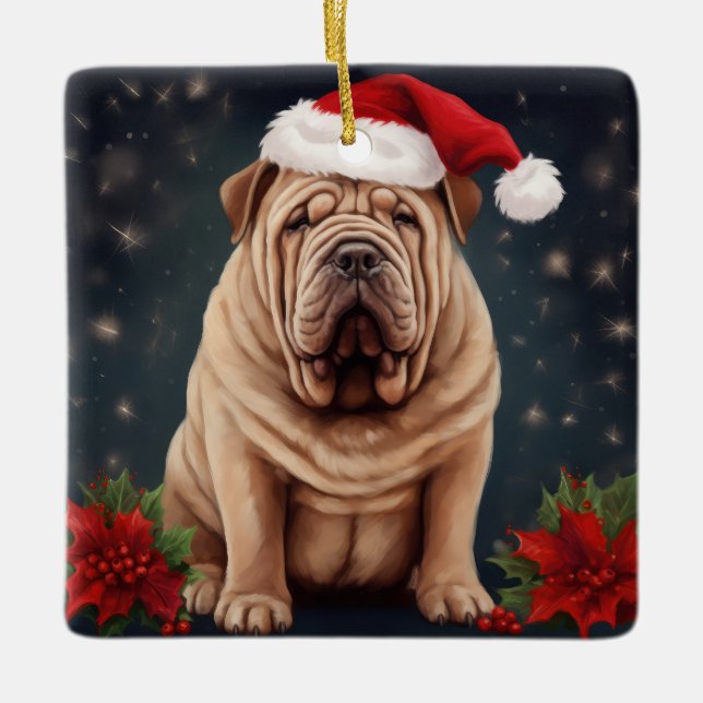 Shar Pei Dog in Schnee Weihnachten Keramikornament (Vorderseite)
