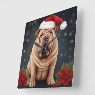 Shar Pei Dog in Schnee Weihnachten Quadratische Wanduhr