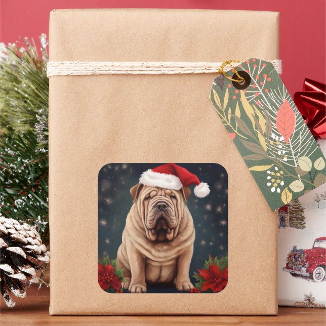 Shar Pei Dog in Schnee Weihnachten Quadratischer Aufkleber (Feiertag)