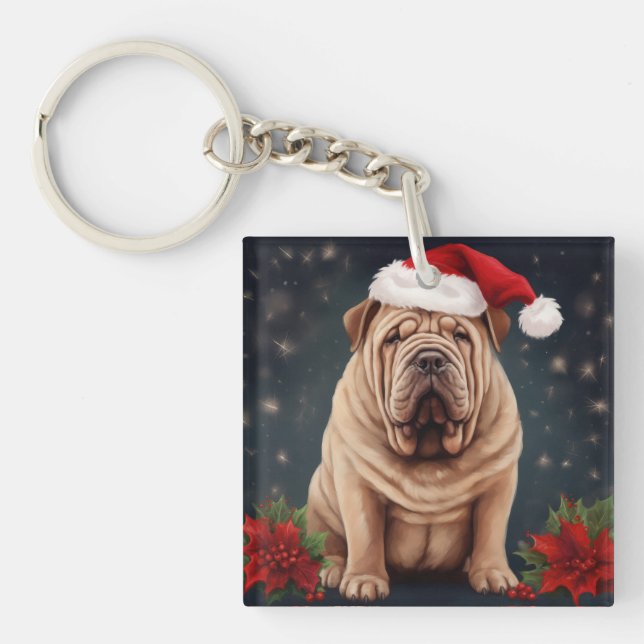 Shar Pei Dog in Schnee Weihnachten Schlüsselanhänger (Vorderseite)