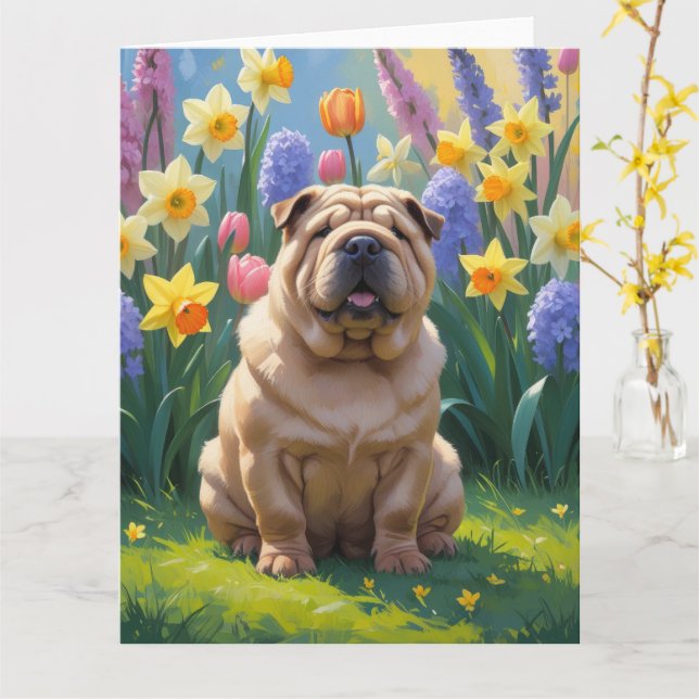 Shar Pei Dog Spring Flowers Malerei Karte (Gelbe Blume)