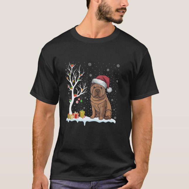 Shar Pei Dog Weihnachtsmannmütze Festival Tree Lig T-Shirt (Vorderseite)