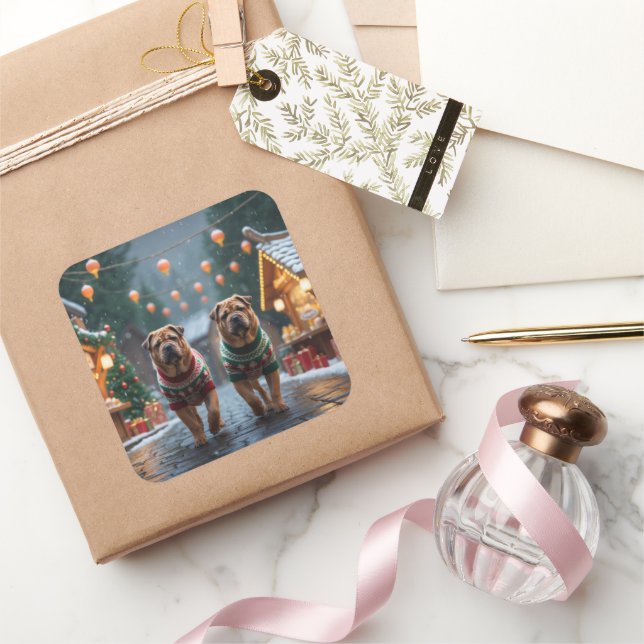 Shar Pei  Dogs Christmas Snow Holiday Quadratischer Aufkleber (Schenken)