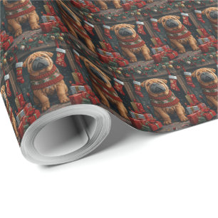 Shar Pei Hund mit Weihnachtsgeschenken Kamin Geschenkpapier