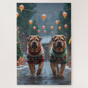 Shar Pei Hunde Weihnachten Schnee Feiertag Puzzle