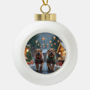 Shar Pei Hunde Weihnachten Schnee Urlaub Keramik Kugel-Ornament
