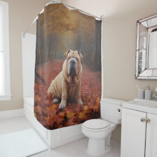 Shar Pei im Herbst inspiriert durch fallende Blätt Duschvorhang