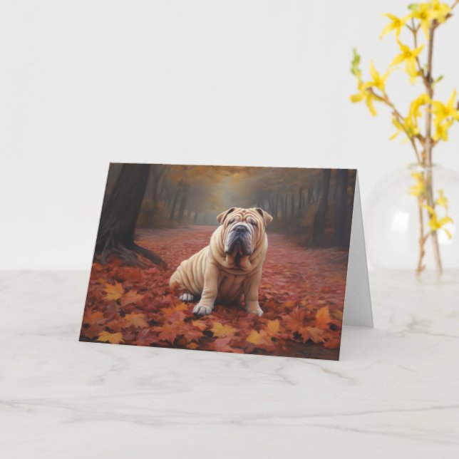Shar Pei im Herbst Leaves Fall Inspiriert Karte (Gelbe Blume)