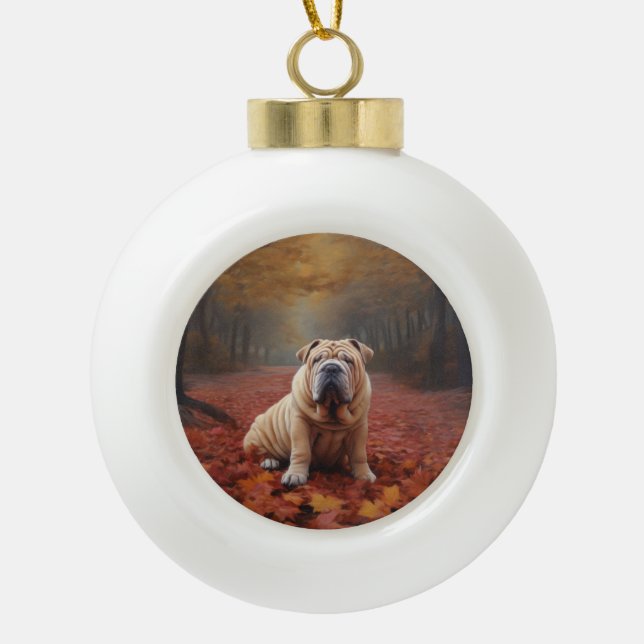 Shar Pei im Herbst Leaves Fall Inspiriert Keramik Kugel-Ornament (Vorderseite)