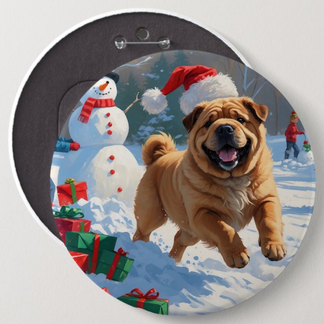 Shar Pei läuft im Schnee mit Weihnachtshut Button (Vorne & Hinten)
