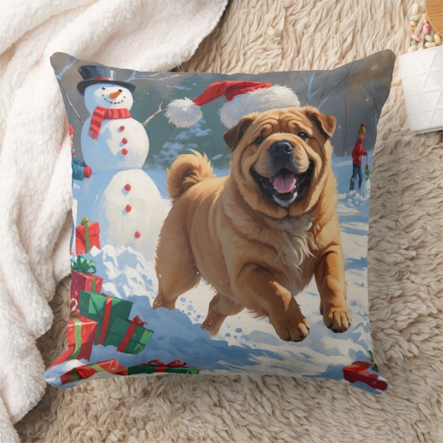 Shar Pei läuft im Schnee mit Weihnachtshut Kissen (Decke)