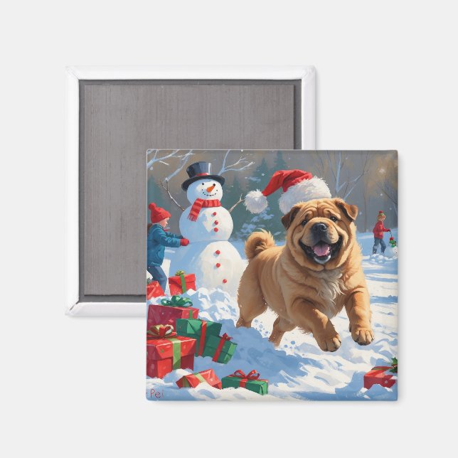 Shar Pei läuft im Schnee mit Weihnachtshut Magnet (Vorderseite/Rückseite)