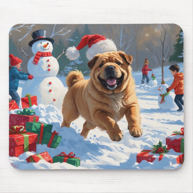 Shar Pei läuft im Schnee mit Weihnachtshut Mousepad (Vorne)