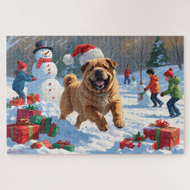 Shar Pei läuft im Schnee mit Weihnachtshut Puzzle (Horizontal)