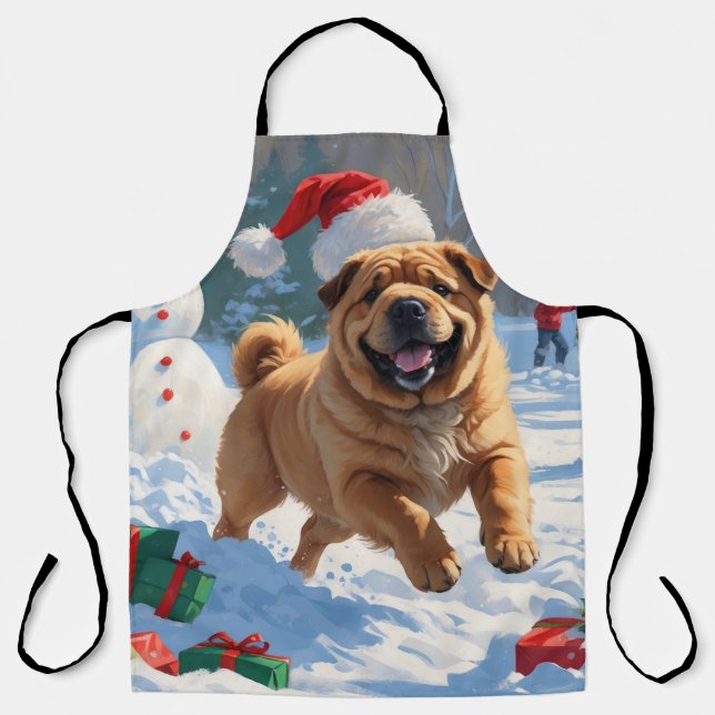 Shar Pei läuft im Schnee mit Weihnachtshut Schürze (Vorderseite)