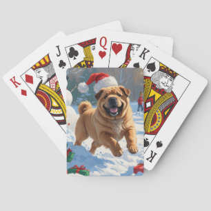 Shar Pei läuft im Schnee mit Weihnachtshut Spielkarten