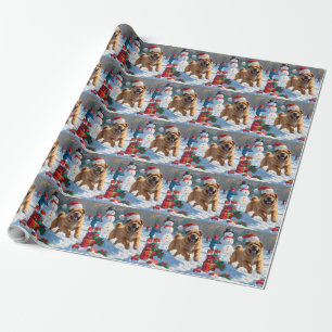 Shar Pei läuft im Schnee mit Weihnachtsmütze Geschenkpapier