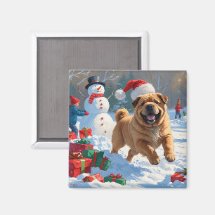 Shar Pei läuft im Schnee mit Weihnachtsmütze Magnet