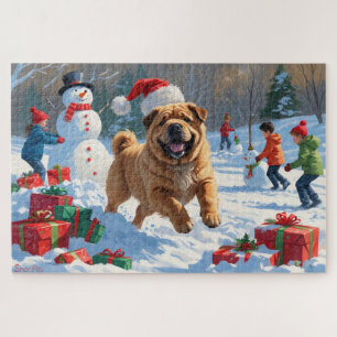 Shar Pei läuft im Schnee mit Weihnachtsmütze Puzzle