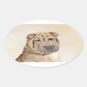 Shar Pei Malerei - Niedliche Original Hunde Kunst Ovaler Aufkleber