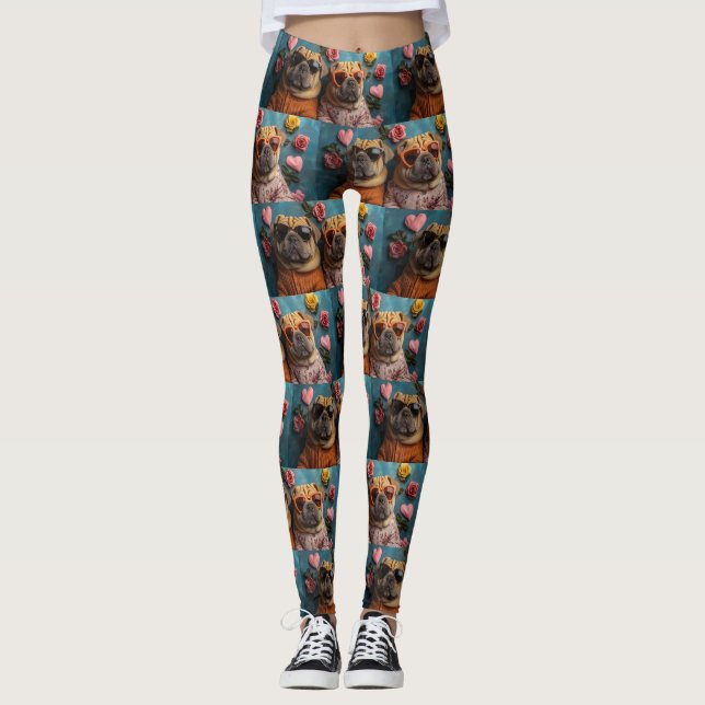 Shar Pei mit Herz-Rose Valentinstag Leggings (Vorderseite)