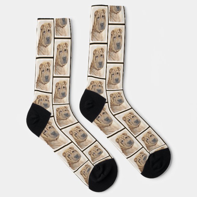 Shar Pei Painting Fawn Wrinkle Original Dog Art Socken (Rechts)