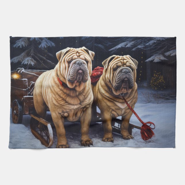 Shar Pei Snowy Sleigh Weihnachtsdekor Geschirrtuch (Horizontal)