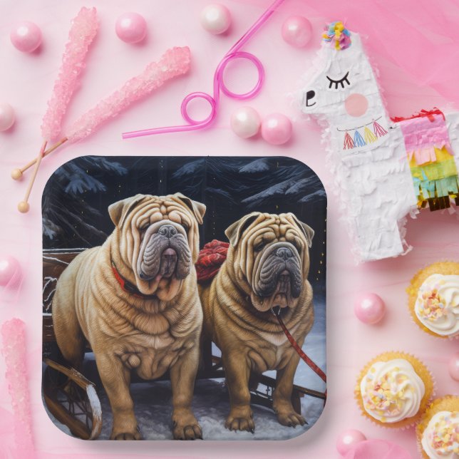 Shar Pei Snowy Sleigh Weihnachtsdekor Pappteller (Party)