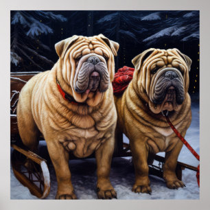 Shar Pei Snowy Sleigh Weihnachtsdekor Poster